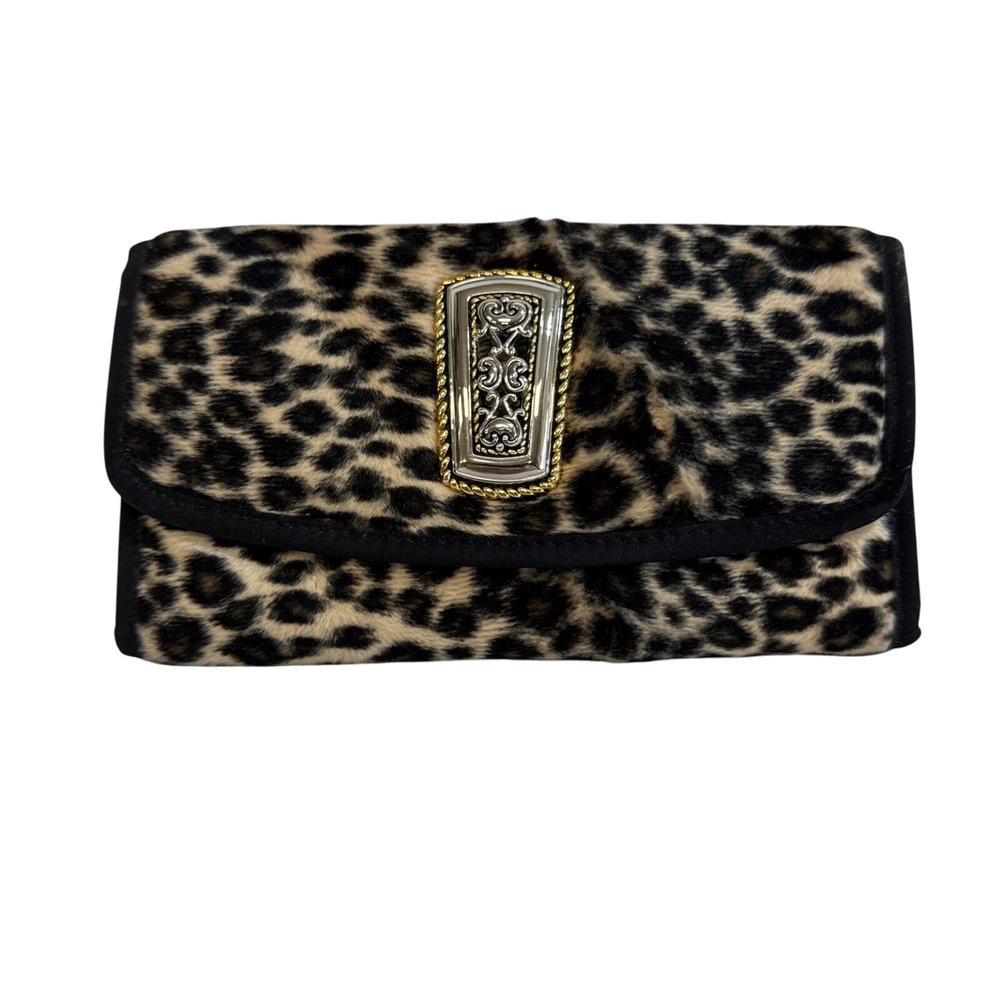 Leopard Print Faux Fur Wallet Clutch with Ornate Silver Tone Embellishment